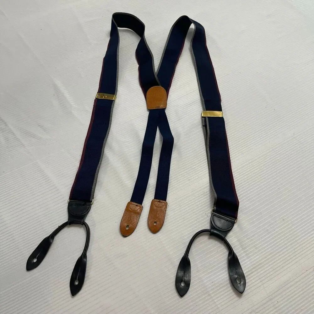 Cole Haan VTG Navy Blue Solid Brass Suspenders Black Brown Leather Braces